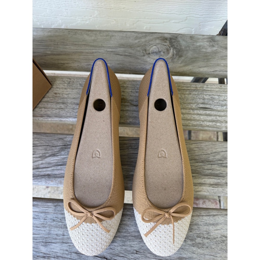Rothys The Ballet Flat Pearl Tan Cream Cap Toe Bow Shoes Size 9.5 181-015 NEW